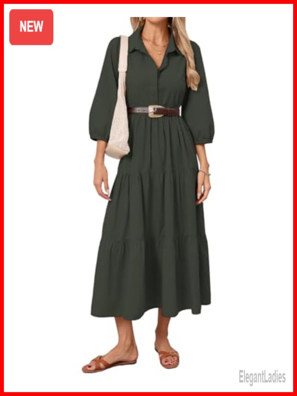 Women Button Down Maxi Shirt Dress 3/4 Puff Sleeve Tiered Collared Cotton